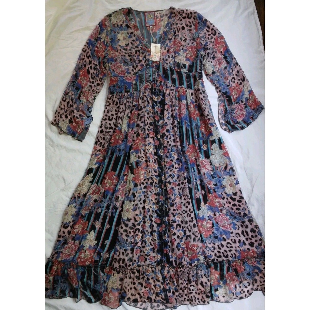 $575 NWT JOHNNY WAS Multicolored Ontar Beesley Dress Burnout Floral Leopard L - Picture 3 of 16